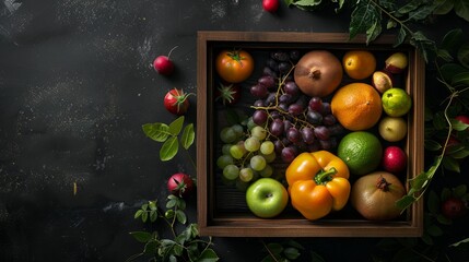 wooden box with fruits and vegetables. copy space