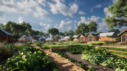 Fototapeta premium An idyllic setting showing a community garden in the center of an eco-village, with small, energy-efficient homes constructed from sustainable materials.