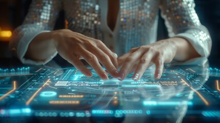 Businesswoman analyzing customer feedback via holographic report to enhance service quality, Created with Generative AI.