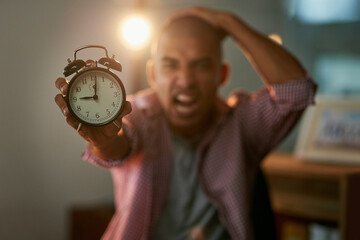 Business, office and portrait of angry man with alarm clock stress, problem or frustrated by...
