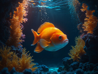 Fototapeta premium A goldfish in the deep waters of the ocean.