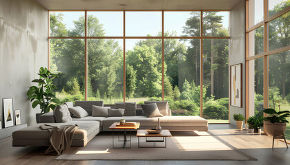 Interior of light living room with grey sofa, coffee table and b
