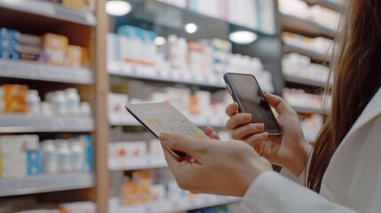 Hands, pharmacy and credit card shopping with phone, payment and fintech for healthcare at store. Woman pharmacist, digital customer experience and ecommerce for medicine product at shop with pos
