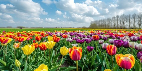wide-angle view of different colored flowers in a wide field