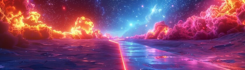Mystical journey along a neonlit pathway under a celestial explosion of colors, suitable for fantasy game backgrounds