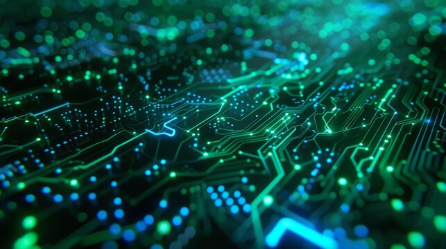 Neurocomputer chip in green and blue colors.
