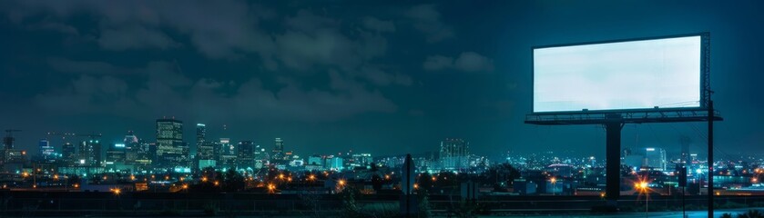 Fototapeta premium Moody urban night scene with a dominant blank billboard, providing a stark contrast to the lively city lights and dark skies