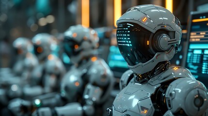 Fototapeta premium 2905 01 Close-up shot of robots competing in a math contest with holographic displays