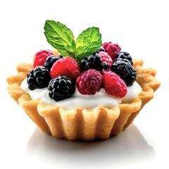 shortbread basket cake with protein cream and berries on a plate, close-up, isolated