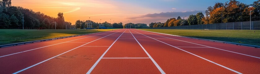 Modern athletic track illuminated by evening light, suitable for sports documentary covers or fitness app backgrounds