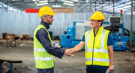 greeting by handshake touch fist and elbow of two engineer supervisor partnership in old factory. foreman greeting friend for good friendship colleague laborer in teamwork factory.