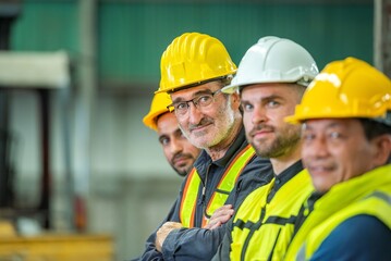 A group of four factory workers wearing hard hats and safety vests.