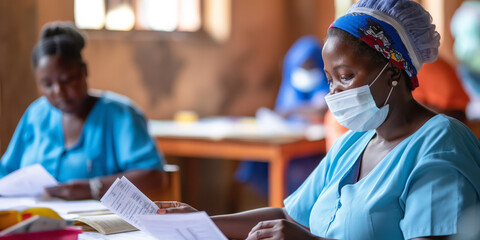 A woman with her back to the camera leads a class in an African setting, indicated by attire