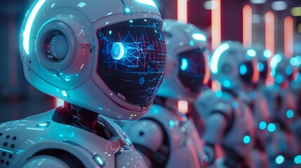 2905 09 Close-up of robots using holograms in a math competition, high-tech setting