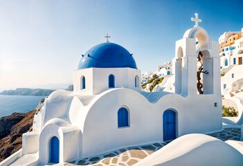 A white church with blue domed roofs overlooking the sea in a coastal town, with a clear blue sky in the background