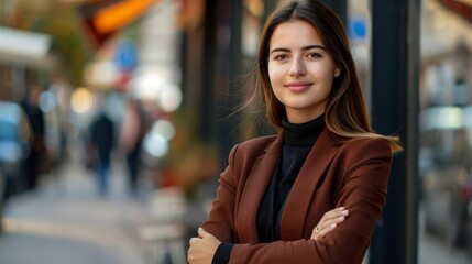 Obraz premium Young happy pretty smiling professional business woman, happy confident positive female entrepreneur standing outdoor on street arms crossed, looking at camera. 