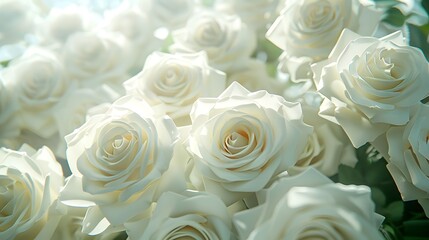White roses background, a white rose bouquet against a white wall, white color background, a large bouquet of white roses in closeup with many blooming white roses, white background.