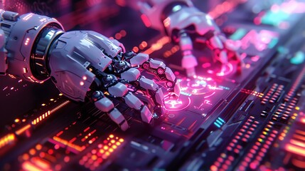 2905 24 Detailed close-up of robots engaged in a math contest with holograms