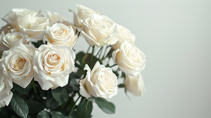 White roses background, a white rose bouquet against a white wall, white color background, a large bouquet of white roses in closeup with many blooming white roses, white background.