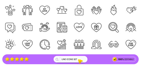 For ever, Search love and Dating line icons for web app. Pack of Rainbow, Heart, Love tickets pictogram icons. Inclusion, Wedding locker, Friendship signs. Heart flame, Lgbt, Social media. Vector