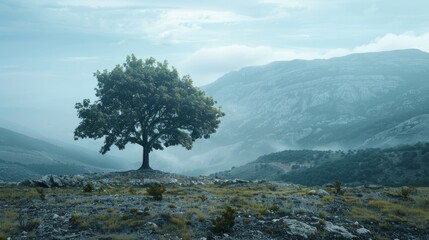 Landscape with tree on the hill. Blue nature background.