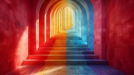 Vibrant Geometric Arch Passageway with Elegant Gradient Tones and Inclusive Representation