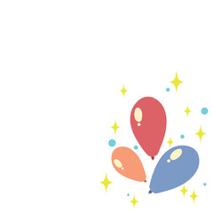 Celebration party banner with colorful shining balloons frame with place for text and confetti. Greeting, invitation card or flyer. Flying pink, purple, white, green and blue balloons
