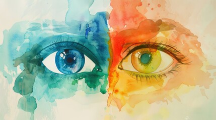 Colorful watercolor painting of two eyes, one blue and one green, representing duality and contrast in an artistic expression.