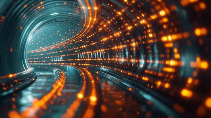 An image of a secure data transfer protected by AI, with data packets moving through a highly secure encrypted tunnel.