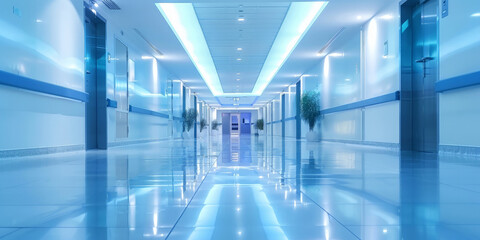 Modern office hallway with sleek blue lighting and glass walls, reflecting a futuristic and professional workspace environment
