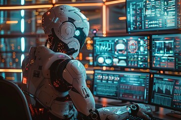 Fototapeta premium A humanoid robot sitting at a desk, surrounded by multiple screens with data, futuristic office, cyberpunk style
