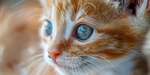 A closeup of the face and eyes of an orange and white kitten