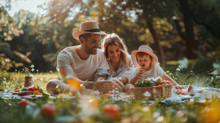 Fototapeta premium Happy family enjoying a picnic on a blanket in a sunlit park, surrounded by nature and greenery.