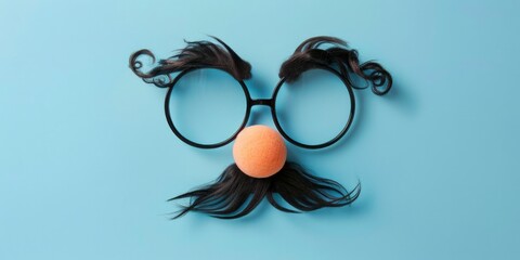 A nose and glasses with fake hair for goofy costumes on light blue background