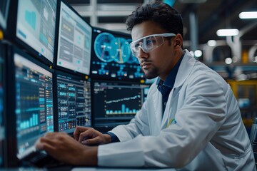 A scientist in a lab coat works at a computer, analyzing data on multiple monitors.