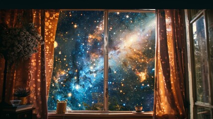 Cosmic Dreams: Enchanting 4K HD Wallpaper with Curtains Adorned by the Universe