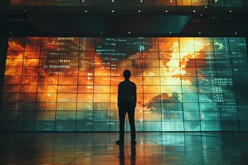 A person standing in front of a large chart showing increasing national debt