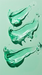 Composition with different samples smear of green transparent gel. Beauty product swatches on green pastel background. Gel aloe vera for beauty healthy skin. Top view