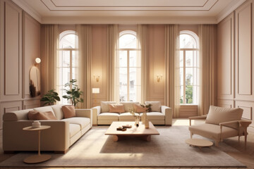 Interior design. Computer Generated Image Of Modern apartment living room. Architectural Visualization. 3D Render.

