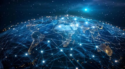 A network of interconnected globe icons, each representing a different continent, against a dark, starry background