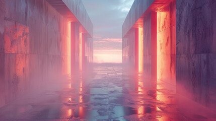 A long, narrow hallway with a red glow and a foggy atmosphere
