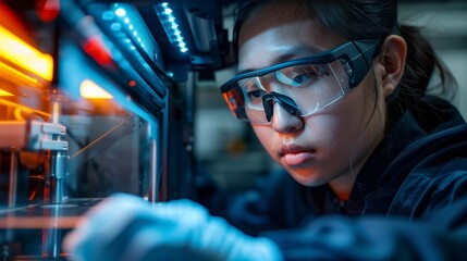 A person wearing safety glasses and gloves operating a large 3D printer, demonstrating the hands-on nature of additive manufacturing and the safety precautions involved.