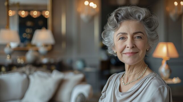 Elegant rich cheerful mature senior woman wearing accessories and happily aging smiling at camera during her retirement due to lucky investment