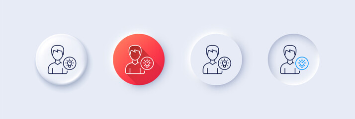 User line icon. Neumorphic, Red gradient, 3d pin buttons. Profile with Lamp bulb sign. Male Person silhouette with idea symbol. Line icons. Neumorphic buttons with outline signs. Vector