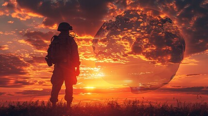 A silhouette of a peacekeeper standing guard against a sunset, with the outline of a globe in the background, conveying the importance of maintaining peace and security worldwide.