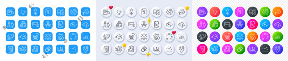 Cloud upload, Financial documents and Inspect line icons. Square, Gradient, Pin 3d buttons. AI, QA and map pin icons. Pack of Consumption growth, Survey results, Cloud sync icon. Vector