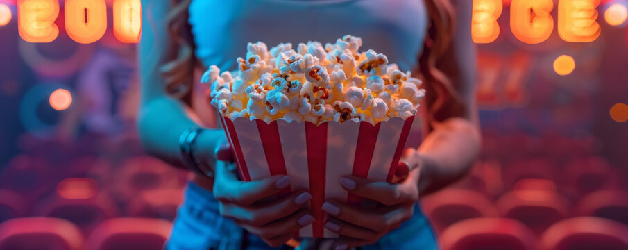 A woman holding a popcorn bucket with both hands in a movie theater.