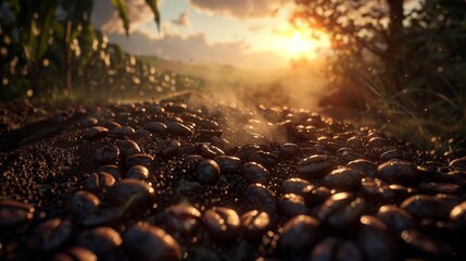 Coffee beans with warm morning sunlight for coffee themed designs