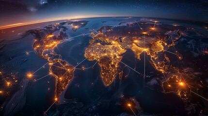 A vibrant and dynamic stock photo illustrating the concept of a Global Village, showcasing a network of interconnected lights and pathways resembling a world map, symbolizing the i