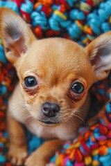 Adorable chihuahua pup in tiny sweater on vibrant blanket, gazing playfully at camera